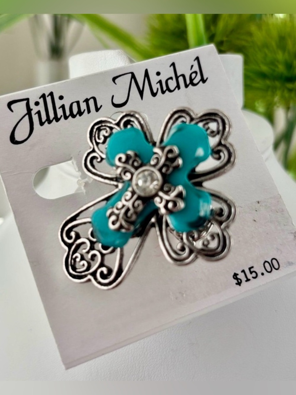 Jillian Michel Three dimensional Cross Turquoise,silvertone filigree stretch